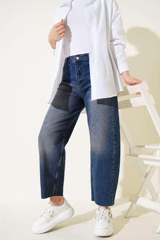 Kesik Paça Baggy Fit Kot Pantolon Tintli