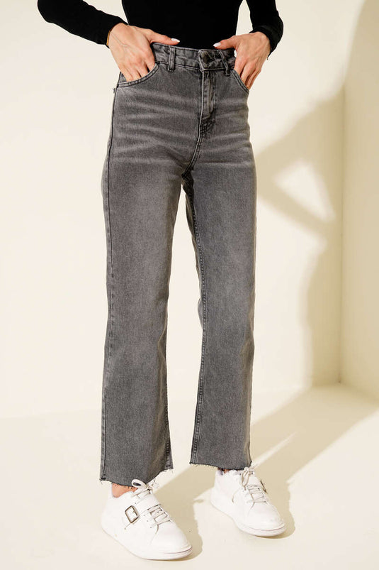 Kesik Paça Düğmeli Kot Pantolon Gri