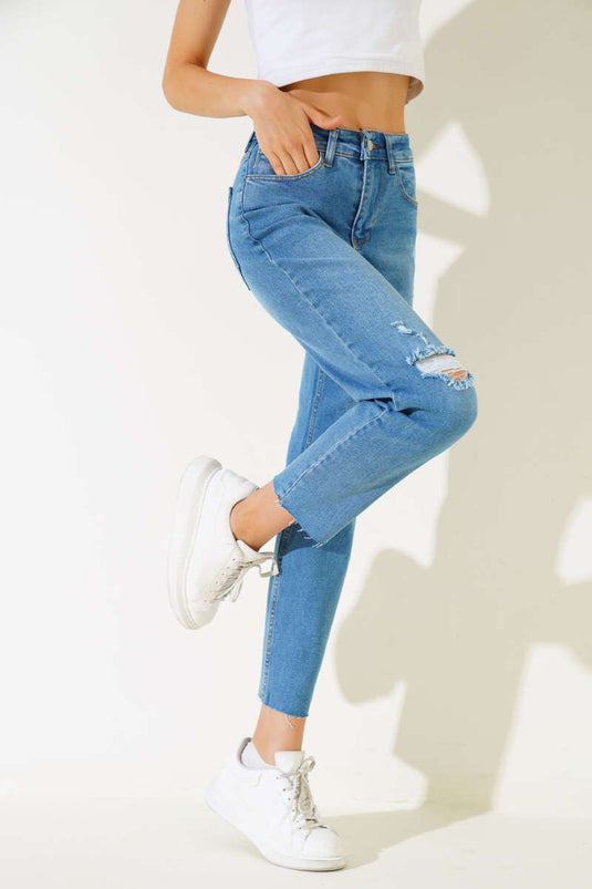 Cut-Leg Laser Jeans Light Blue