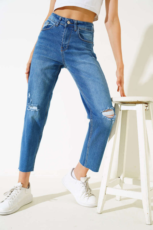 Cut-Leg Laser Jeans Blue