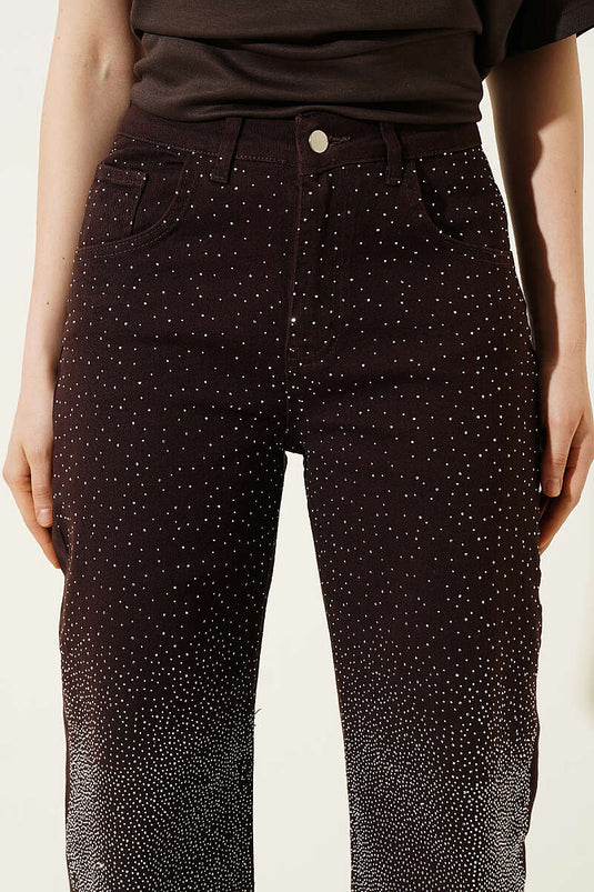 Cut Hem Mini Stone-Detail Palazzo Pants Brown