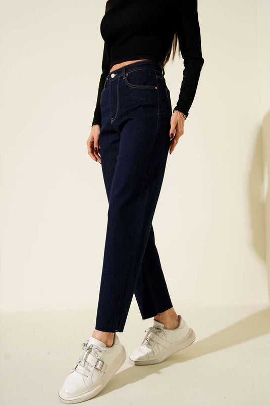 Kesik Paça Mom Jeans Pantolon Lacivert