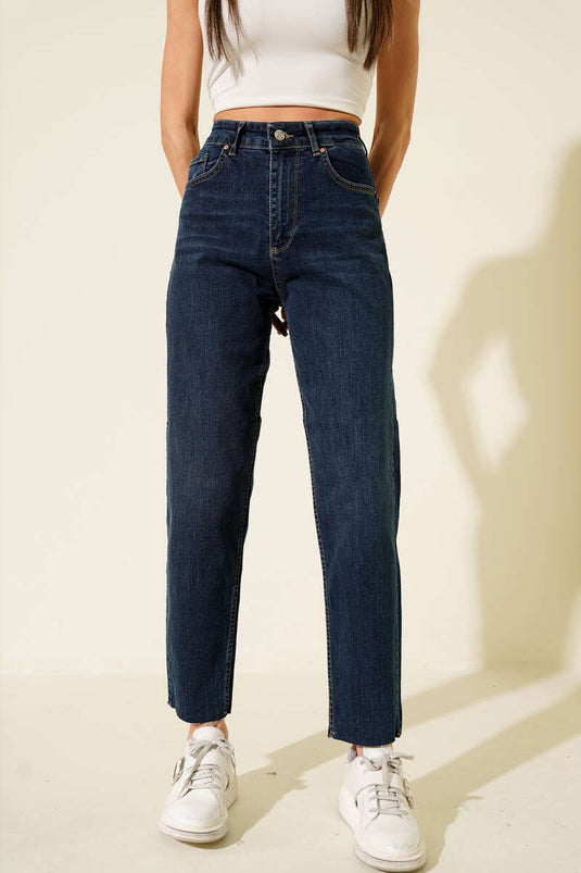 Jean Mom à jambes coupées bleu