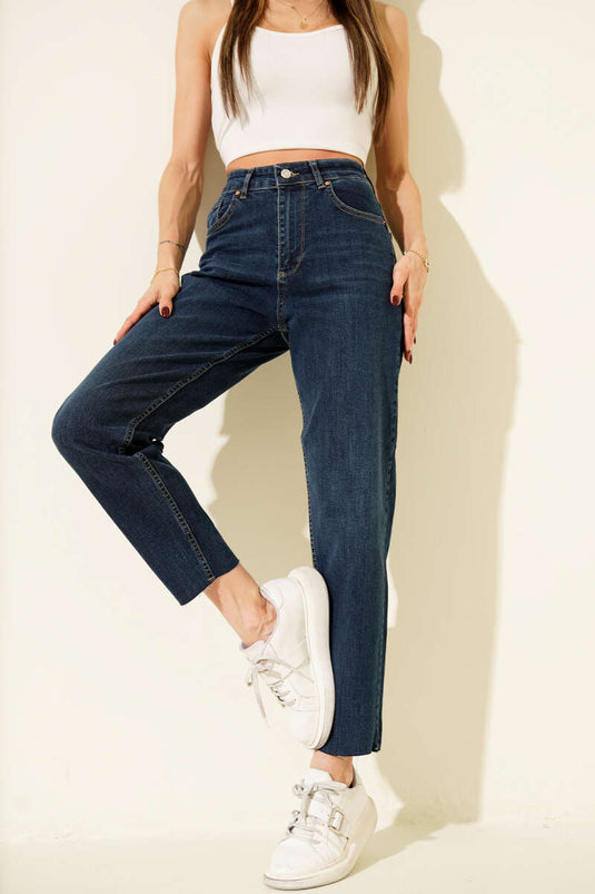 Jean Mom à jambes coupées bleu