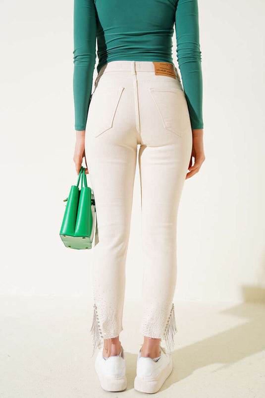 Cut-Leg Tassel Stoned Jeans Beige