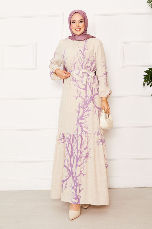 Robe en lin à motifs avec ceinture à la taille Lilas