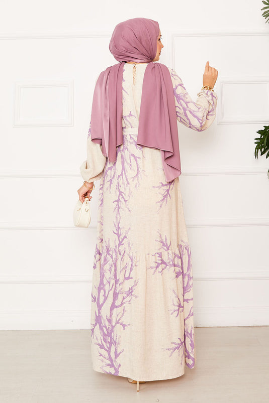 Robe en lin à motifs avec ceinture à la taille Lilas