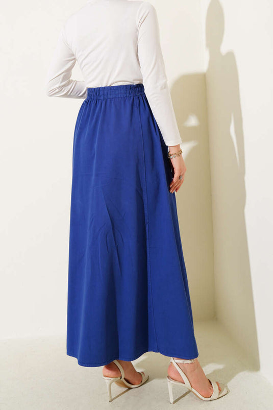 Linen Flared Elastic Waist Skirt Blue
