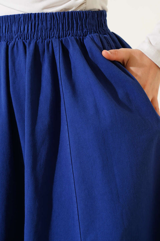 Linen Flared Elastic Waist Skirt Blue