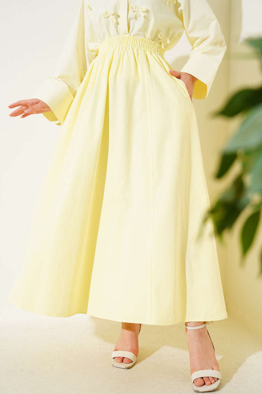 Keten Kloş Beli Lastikli Etek Sarı