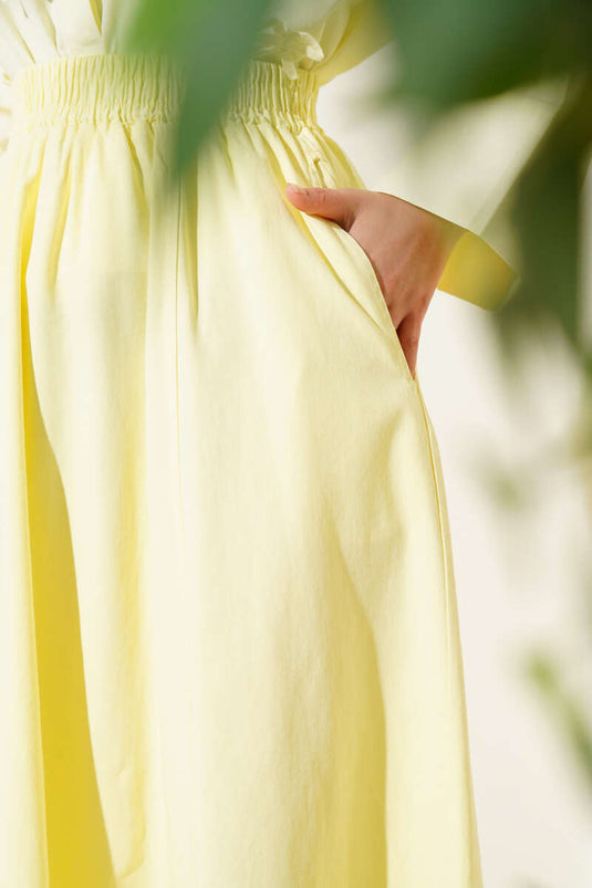 Keten Kloş Beli Lastikli Etek Sarı