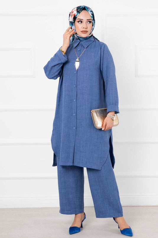Costume Long Double Hijab En Lin Indigo