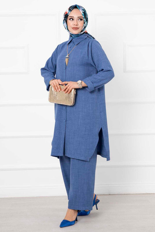 Costume Long Double Hijab En Lin Indigo