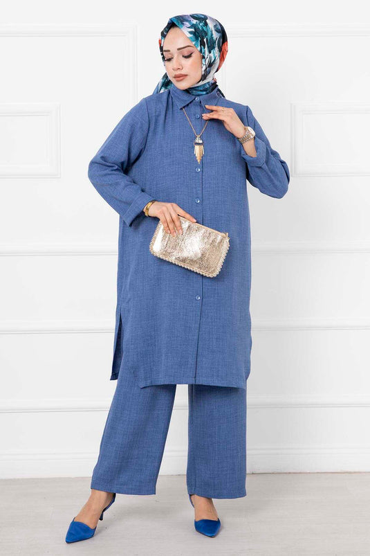Costume Long Double Hijab En Lin Indigo