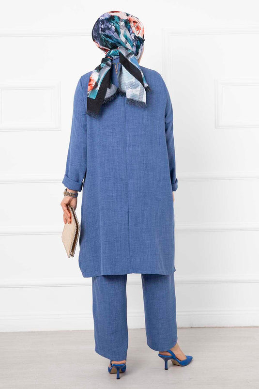 Costume Long Double Hijab En Lin Indigo