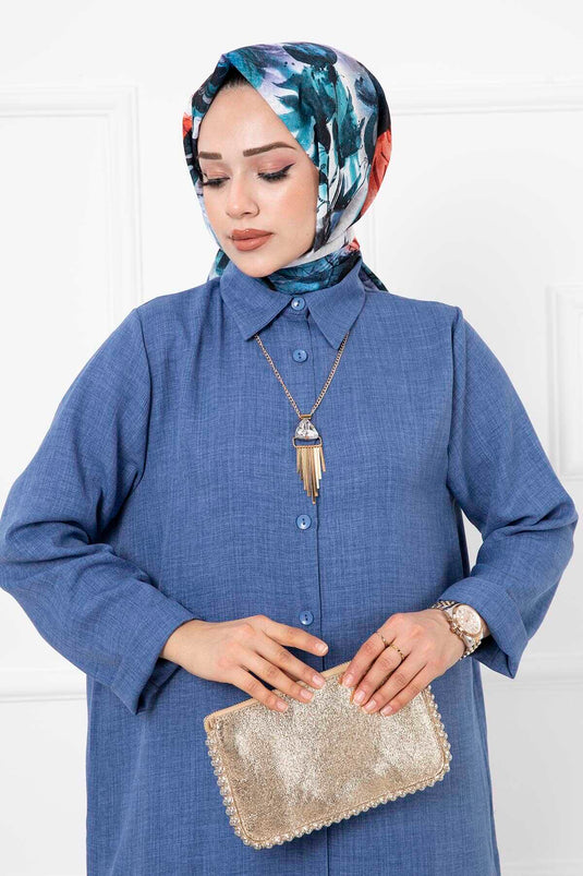 Costume Long Double Hijab En Lin Indigo