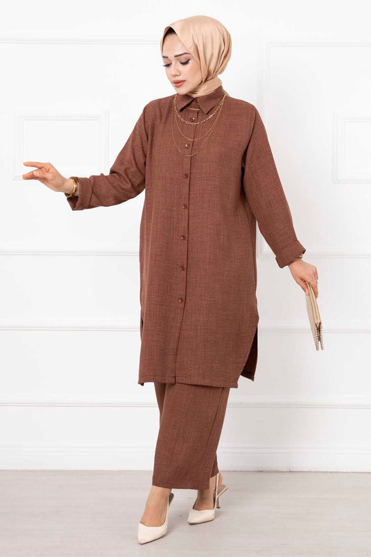 Cotton Long Double Hijab Set Brown