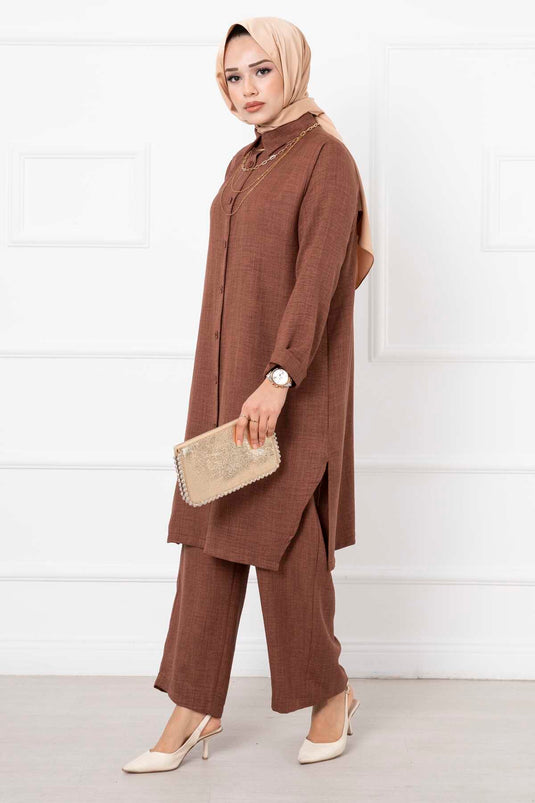 Cotton Long Double Hijab Set Brown