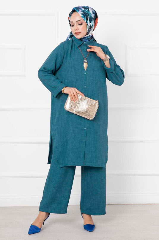 Costume Long Double Hijab en Lin Pétrole