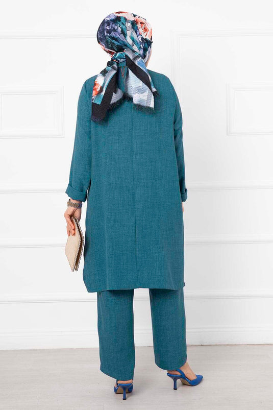 Costume Long Double Hijab en Lin Pétrole