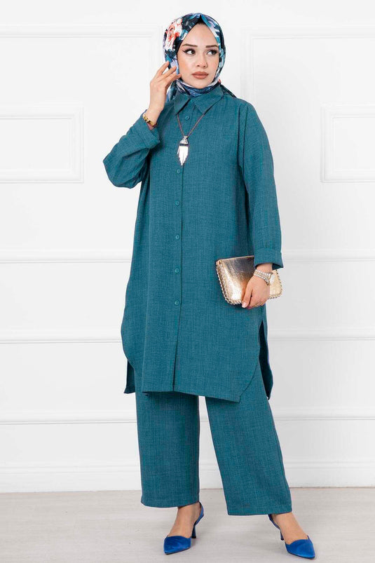 Costume Long Double Hijab en Lin Pétrole