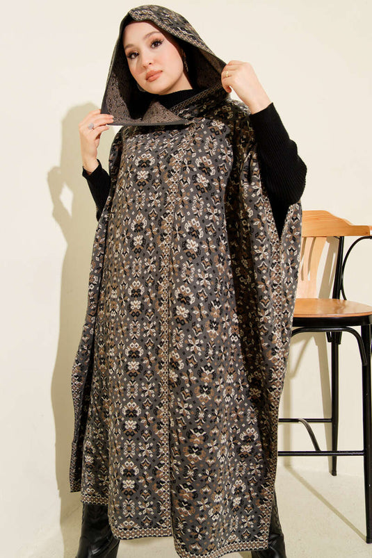 Kilim Pattern Hooded Poncho Smoke