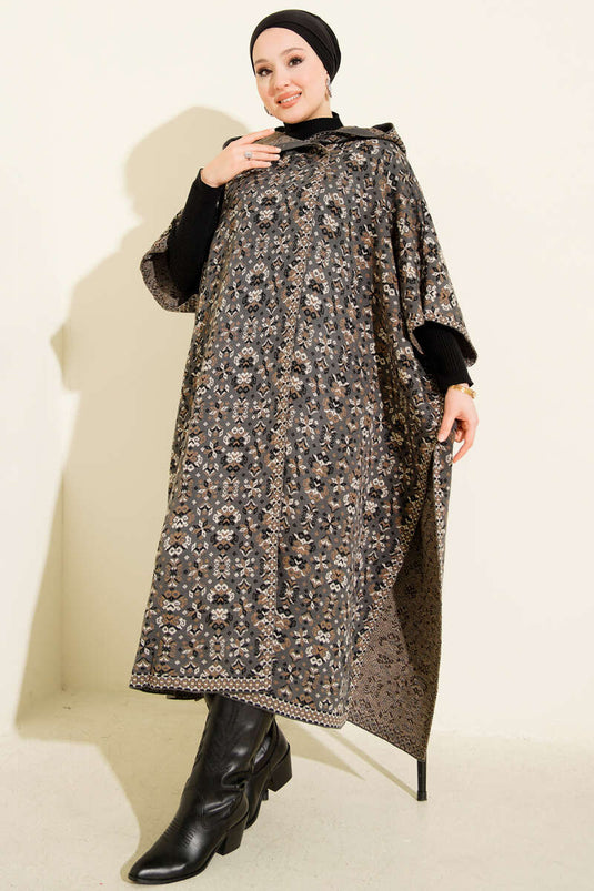 Poncho à capuche à motif kilim, fumée