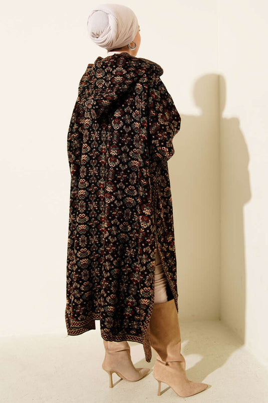 Poncho à capuche à motif kilim noir et marron