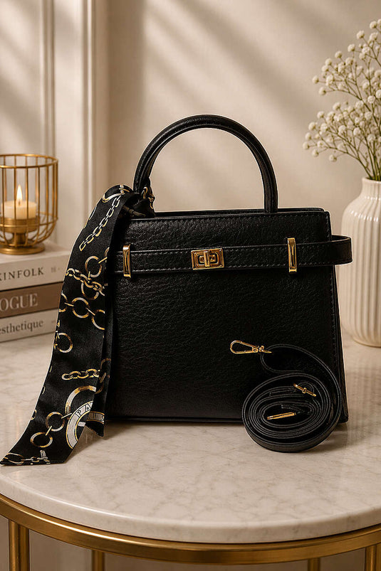 Sac à main noir avec foulard et détail à fermeture éclair