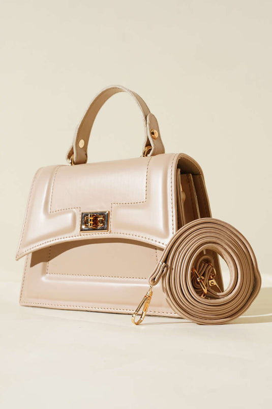 Beige Bag with Lock Detail and Edge Stitching