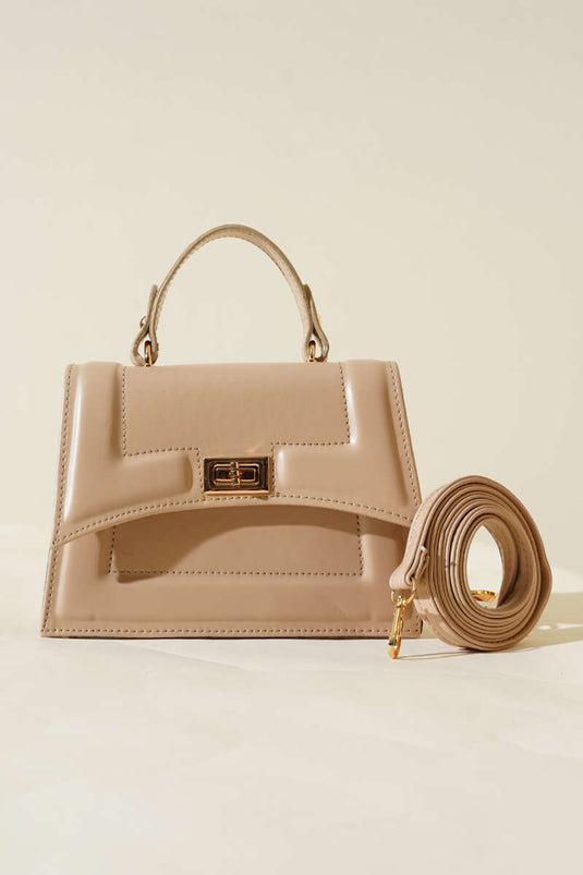 Beige Bag with Lock Detail and Edge Stitching