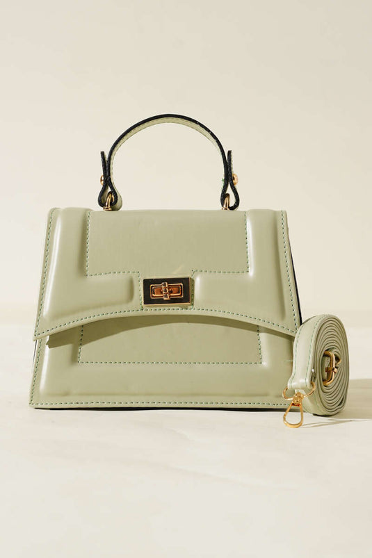 Lock Detail Edge Stitched Bag in Sage Green