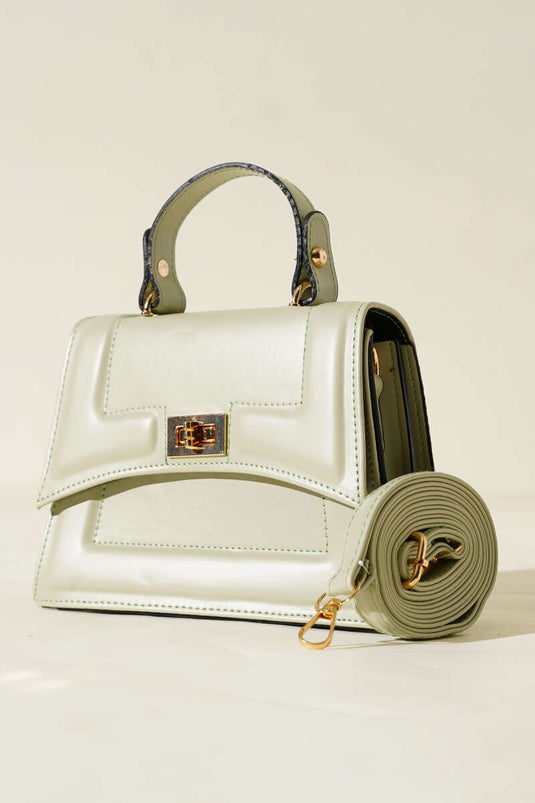 Lock Detail Edge Stitched Bag in Sage Green