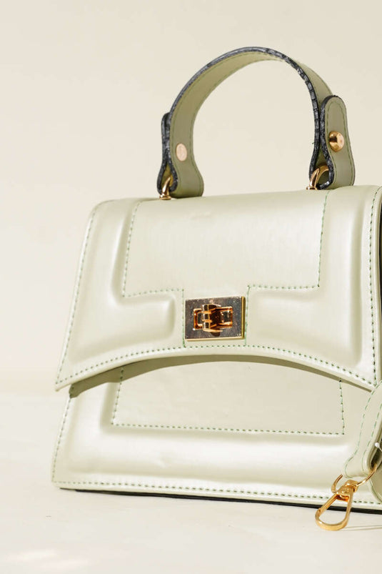 Lock Detail Edge Stitched Bag in Sage Green