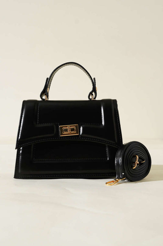 Black Bag with Lock Detail and Edge Stitching