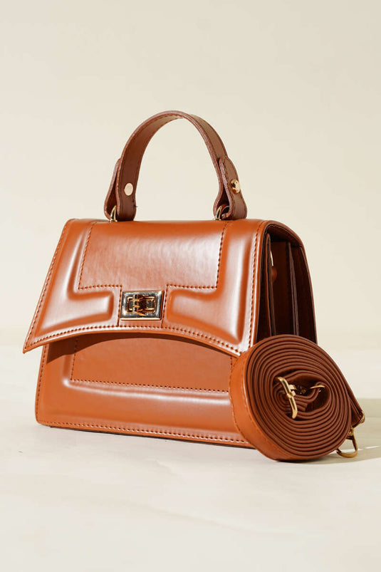 Lock Detailed Edge Stitched Bag Tan