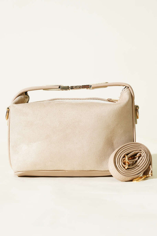 Suede Bag with Lock Handle Detail Beige