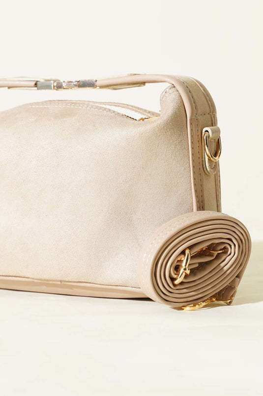 Suede Bag with Lock Handle Detail Beige