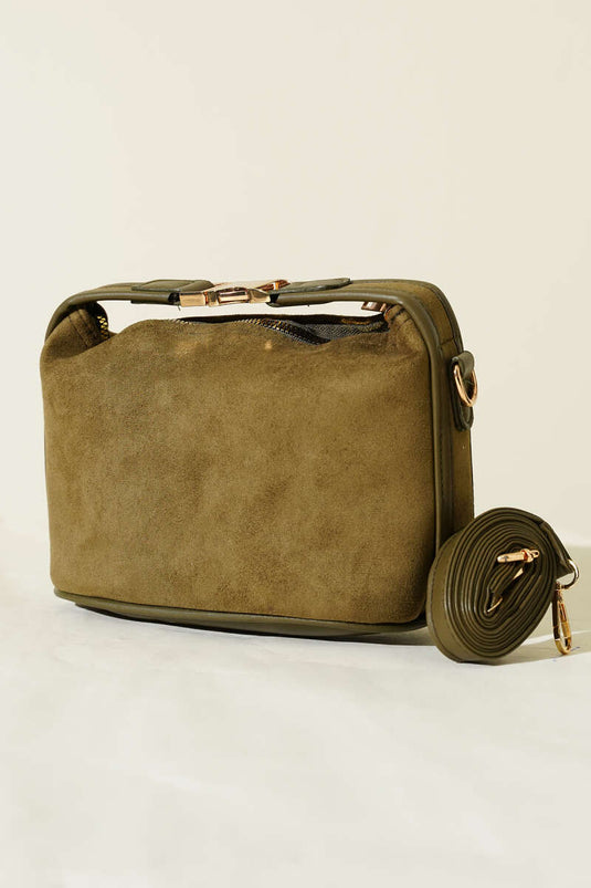 Suede Bag with Lock Handle Detail, Khaki
