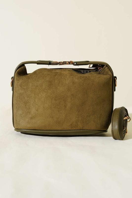 Suede Bag with Lock Handle Detail, Khaki
