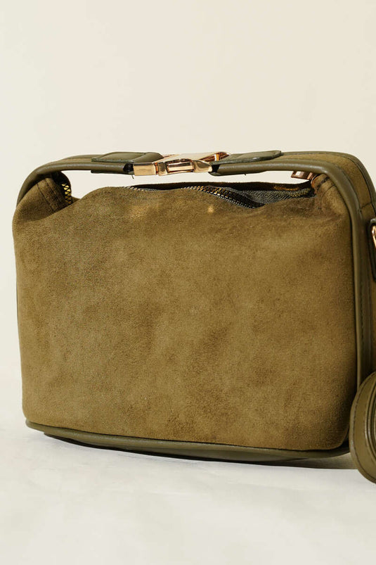 Suede Bag with Lock Handle Detail, Khaki
