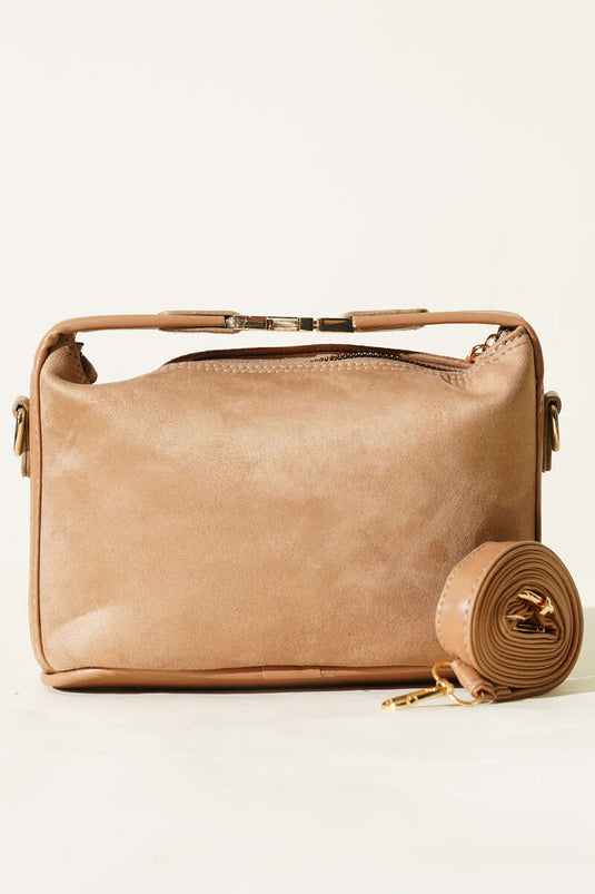 Suede Bag with Lock Handle Detail Latte