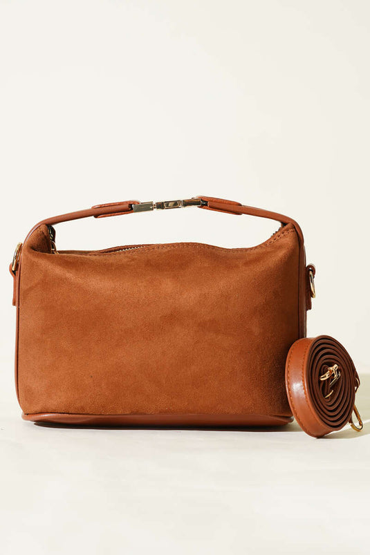 Suede Bag with Lock Handle Detail, Cognac