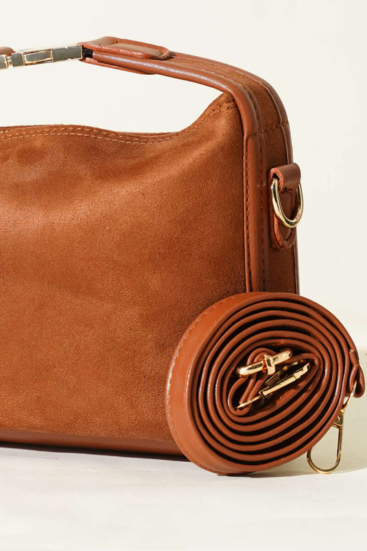 Suede Bag with Lock Handle Detail, Cognac
