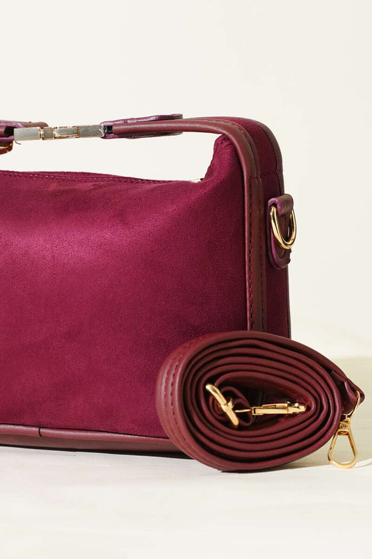 Lock Handle Detailed Suede Bag Cherry