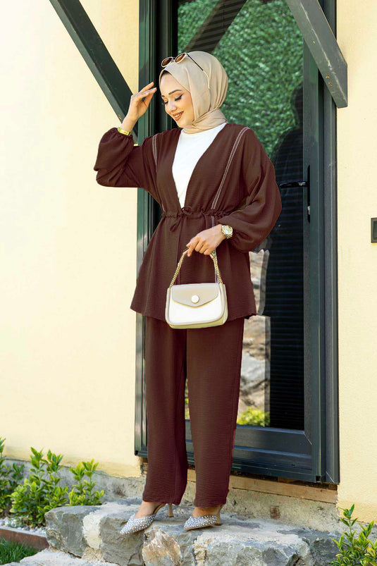 طقم حجاب كيمونو أيروبين من قطعتين باللون البني