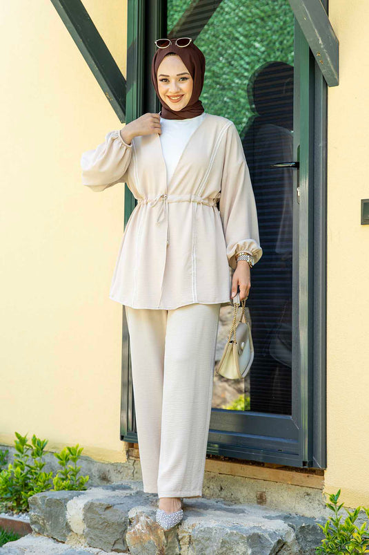 Kimonolu Aerobin Tesettür İkili Takım Bej