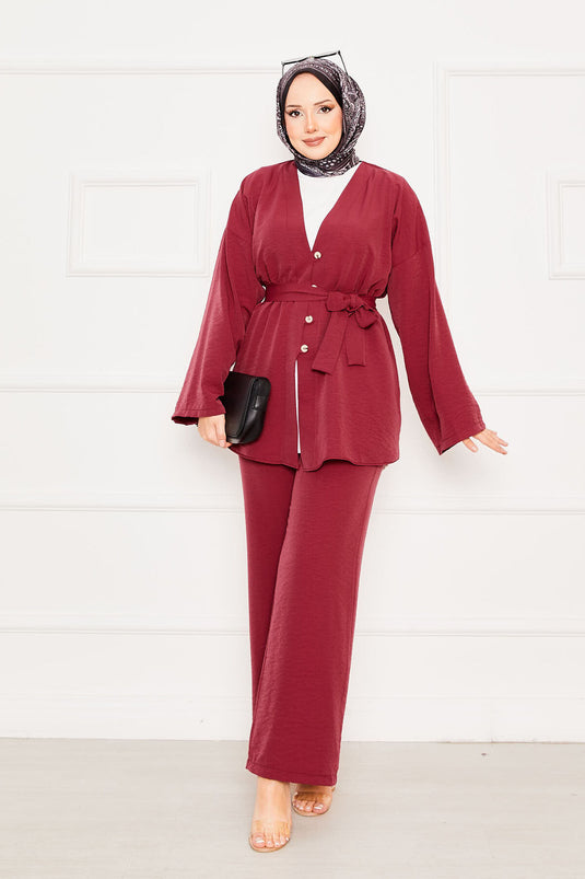 Kimonolu İkili Tesettür Takım Bordo