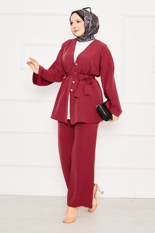 Kimonolu İkili Tesettür Takım Bordo