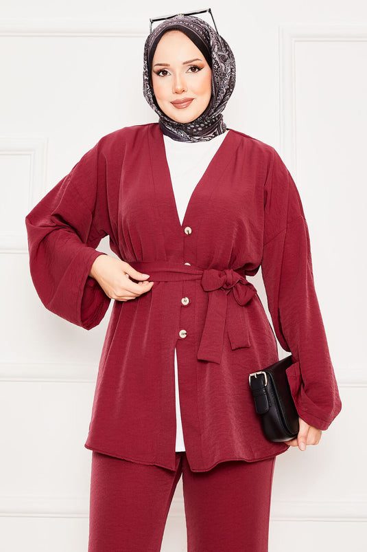Kimonolu İkili Tesettür Takım Bordo